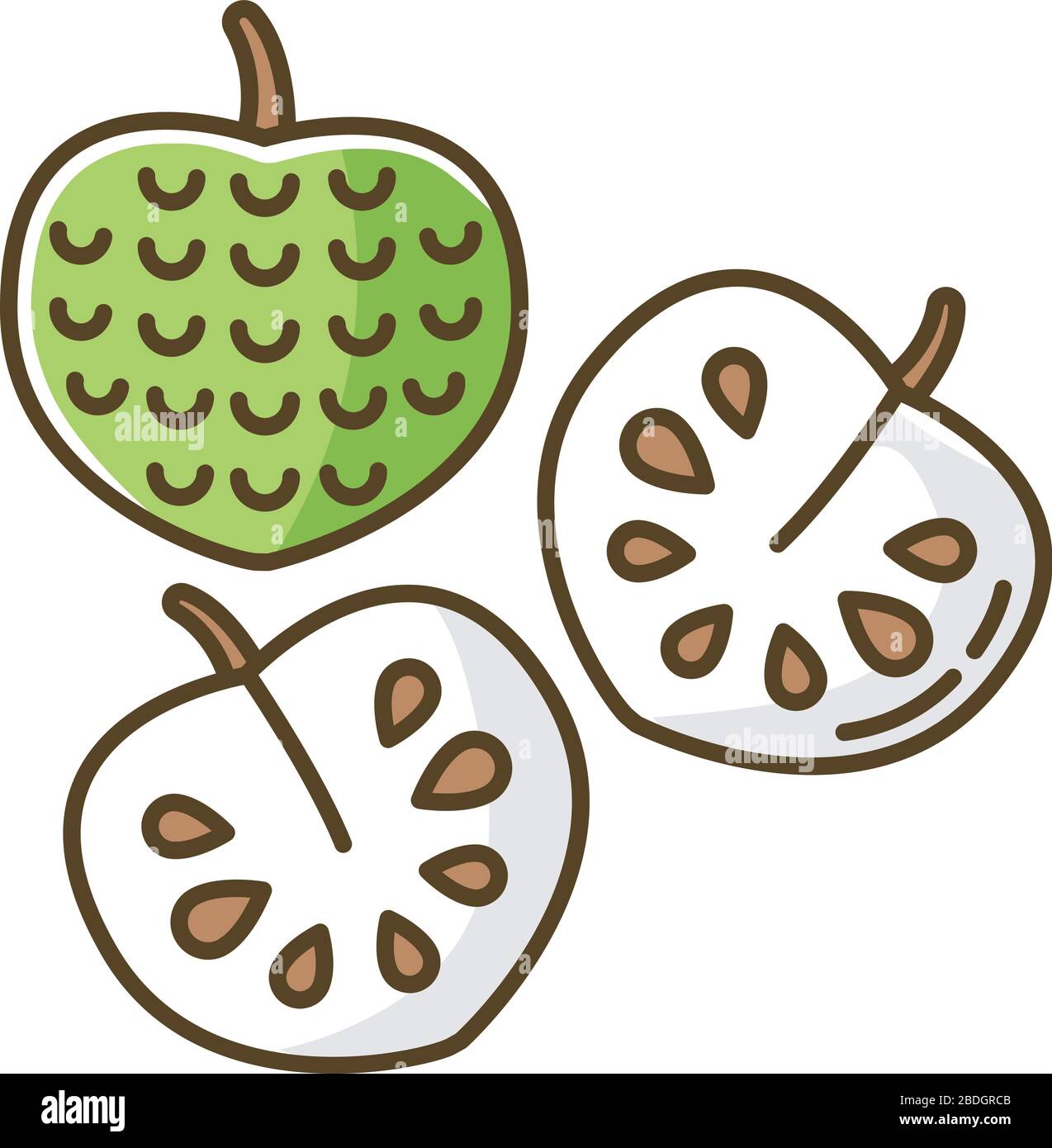 Icône couleur RVB chérimoya. Délicieux pommes crème anglaise entières et coupées en deux. Annona chérimola. Fruits tropicaux mûrs et doux. Régime végétalien sain. Exotique Illustration de Vecteur