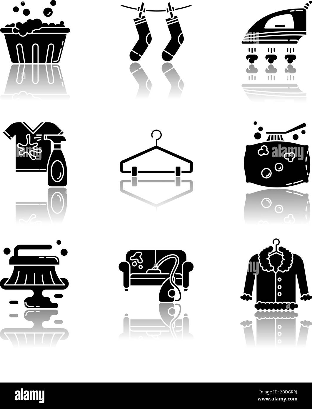 Service de blanchisserie et de nettoyage des icônes de glyphes noirs à ombre portée définies. Lavage à la main, séchage extérieur, repassage en tissu. Fourrure, mobilier et nettoyage à sec avec matelas à plateau-coussin Illustration de Vecteur