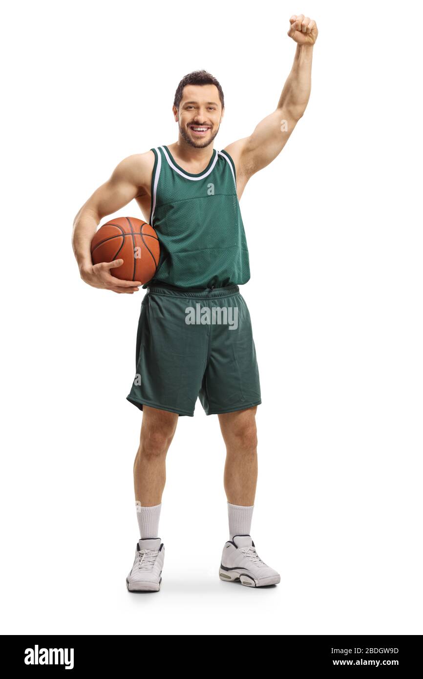 Portrait complet d'un joueur de basket-ball gagnant gestuelle avec main isolée sur fond blanc Banque D'Images