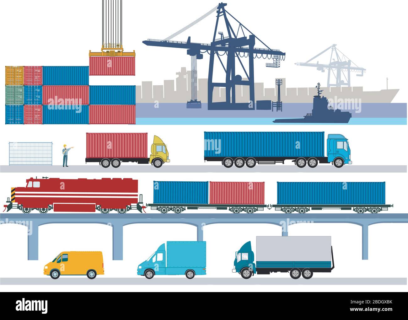 Port de commerce avec les trains, les camions et les conteneurs Illustration de Vecteur