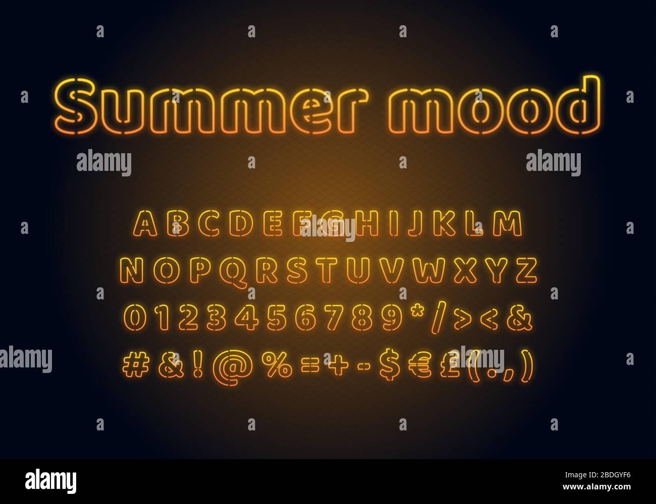 Modèle de police lumière fluo d'ambiance d'été. Jeu d'alphabet vectoriel lumineux jaune. Lettres majuscules, chiffres et symboles lumineux avec effet brillant extérieur Illustration de Vecteur