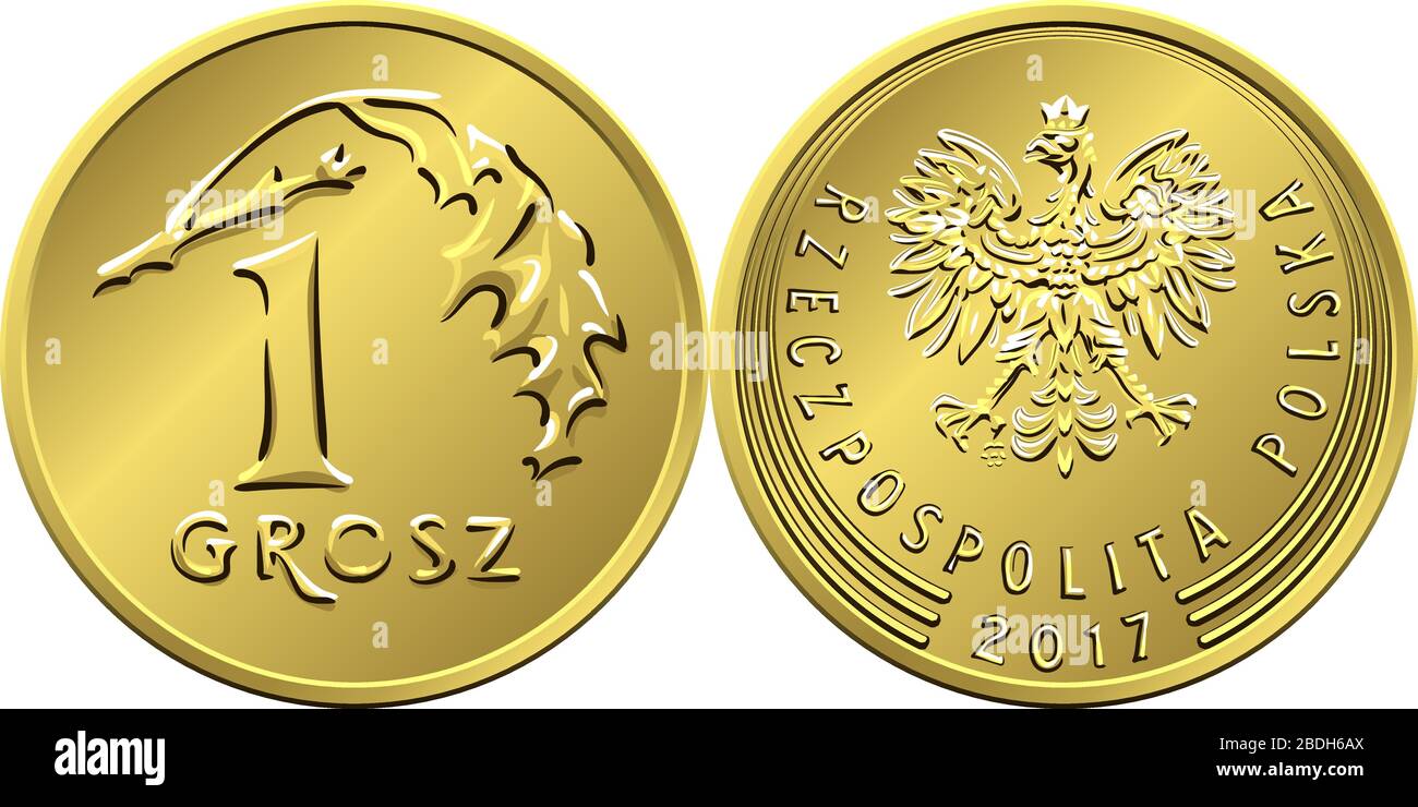 Vector Polish Money One grosz cuivre coin inversé avec valeur et 1 feuilles obverse avec aigle en couronne dorée Illustration de Vecteur