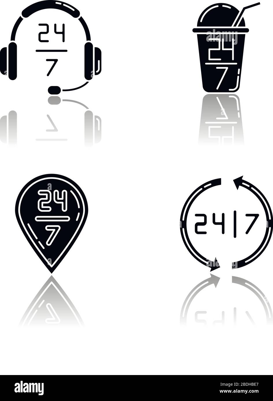 jeu d'icônes de glyphes noirs à ombre portée de service 24 heures sur 24. Signature du micro-casque de l'assistance clientèle. Vingt-quatre sept bar ouvert. Livraison disponible toute la journée Illustration de Vecteur