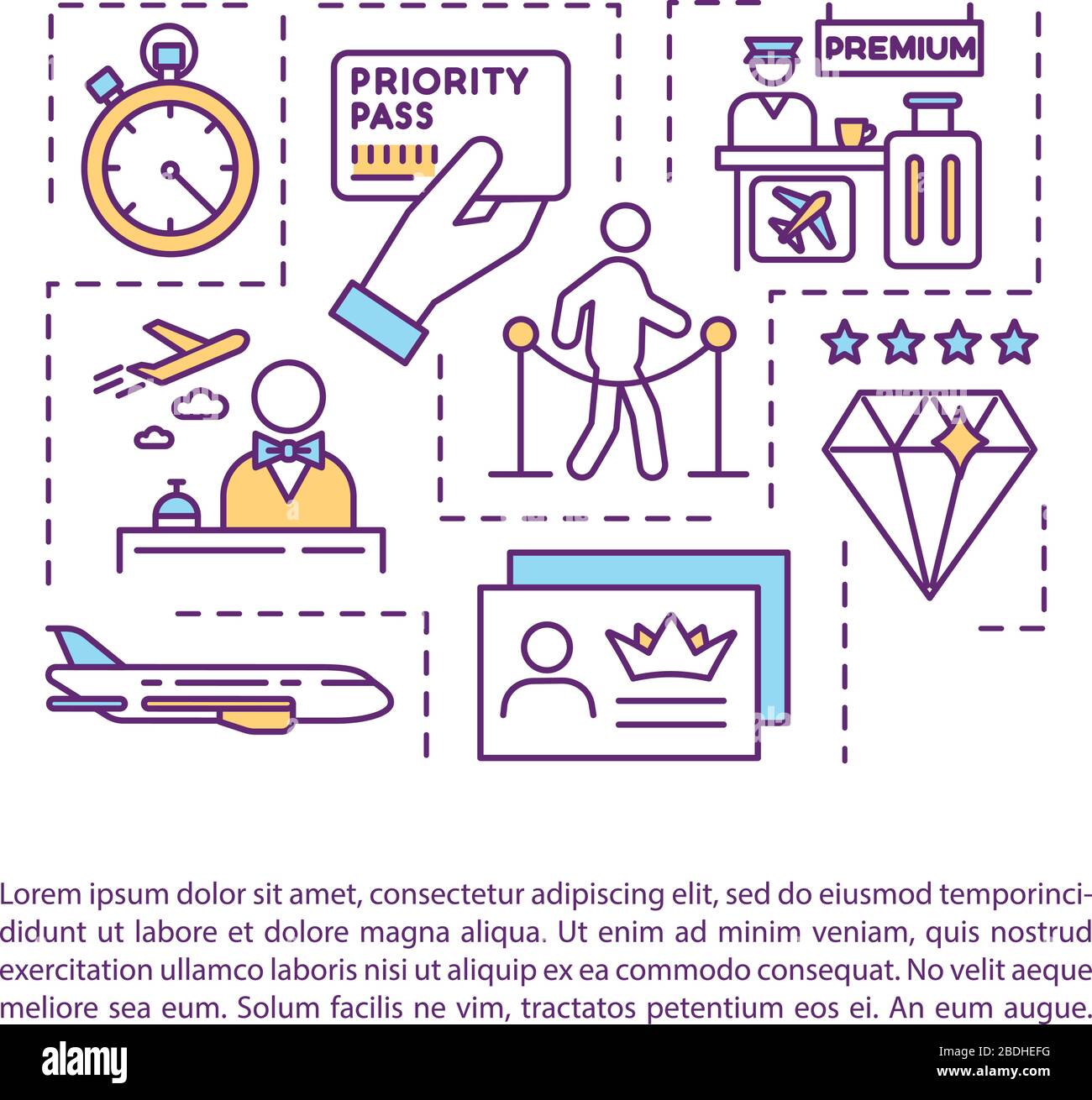 Icone De Concept De Services Vip Pour L Aeroport Avec Texte Modele Vectoriel De Page Ppt Vol De Qualite Superieure Voyage De Premiere Classe Brochure De Compagnie Aerienne Magazine Image Vectorielle Stock