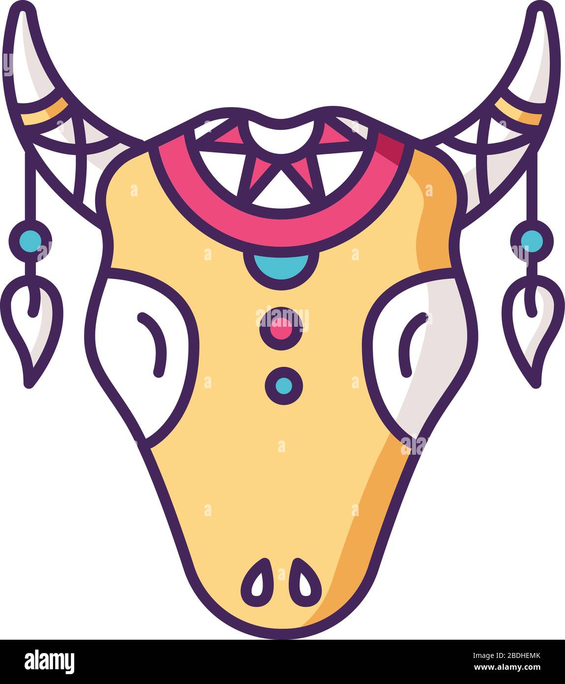 Icône de couleur RVB tête de bétail tribale. Crâne de vache aux plumes, symbole indien amérindien de style boho. Tête d'animal sauvage, amulette mystique de tribu Illustration de Vecteur