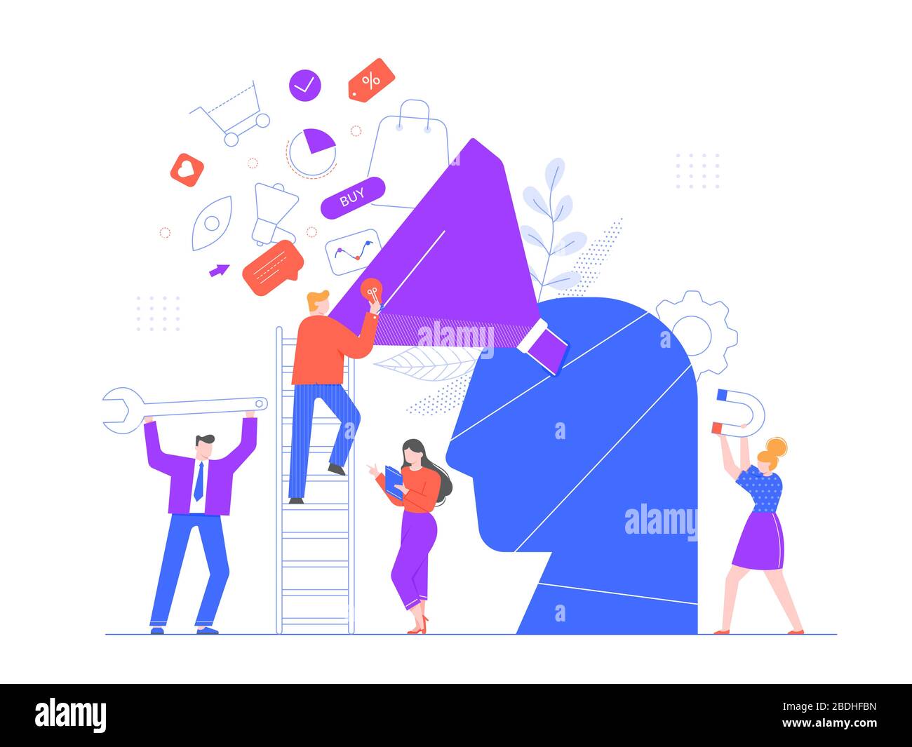 Marketing axé sur l'acheteur. Stratégie promotionnelle, équipe marketing professionnelle et croissance du marché générant ou attirant de nouveaux vecteurs de prospects fidèles Illustration de Vecteur