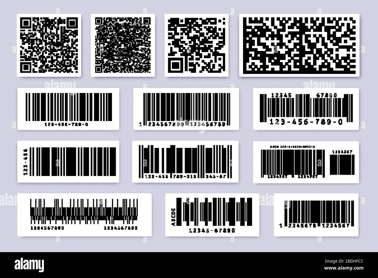 Étiquettes de code-barres. Autocollant de barre d'étiquettes de produit, badges de codes-barres et jeu de symboles industriels isolés de code qr. Codes d'identification du produit Illustration de Vecteur