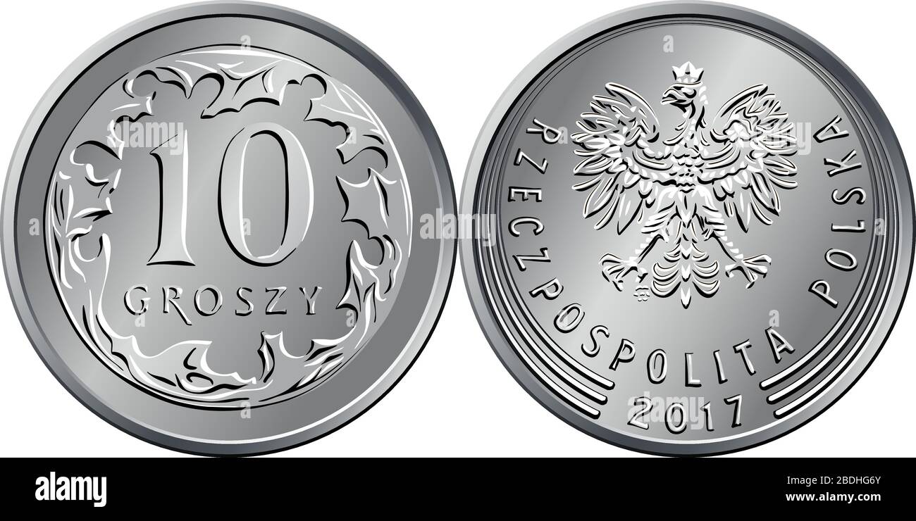 Vector Polish Money dix pièces argentées groszy en arrière avec valeur et 10 feuilles encerclantes, obvers avec aigle dans la couronne Illustration de Vecteur