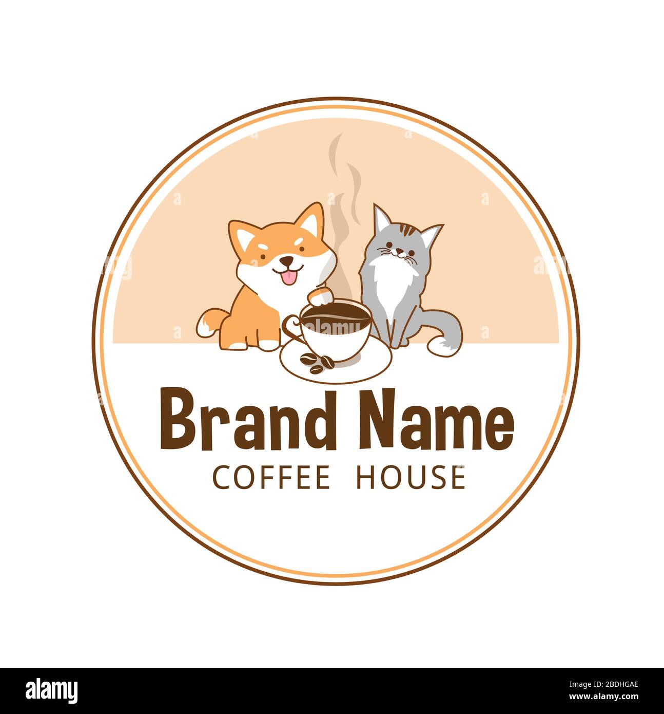 Logo chat et chien pour un café avec une tasse de café. L'arôme du café avec des grains de café. Illustration de Vecteur