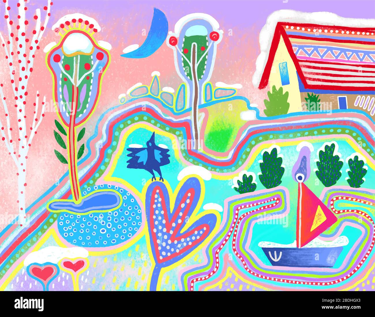 art numérique contemporain original du paysage de village d'hiver, peinture aux couleurs vives Illustration de Vecteur