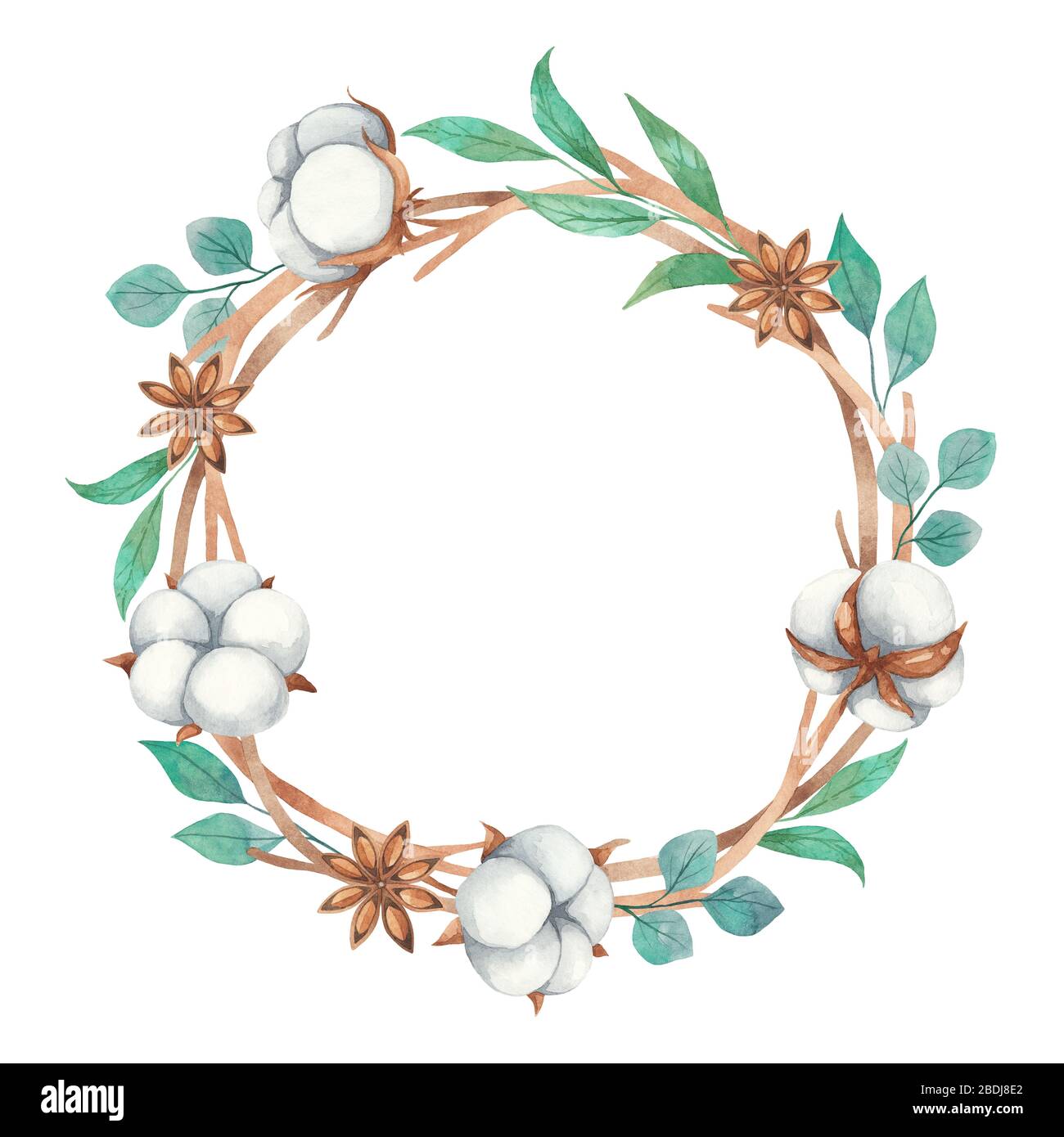 Couronne de couleur d'eau de fleurs de coton, anis et brindilles isolées sur fond blanc Banque D'Images