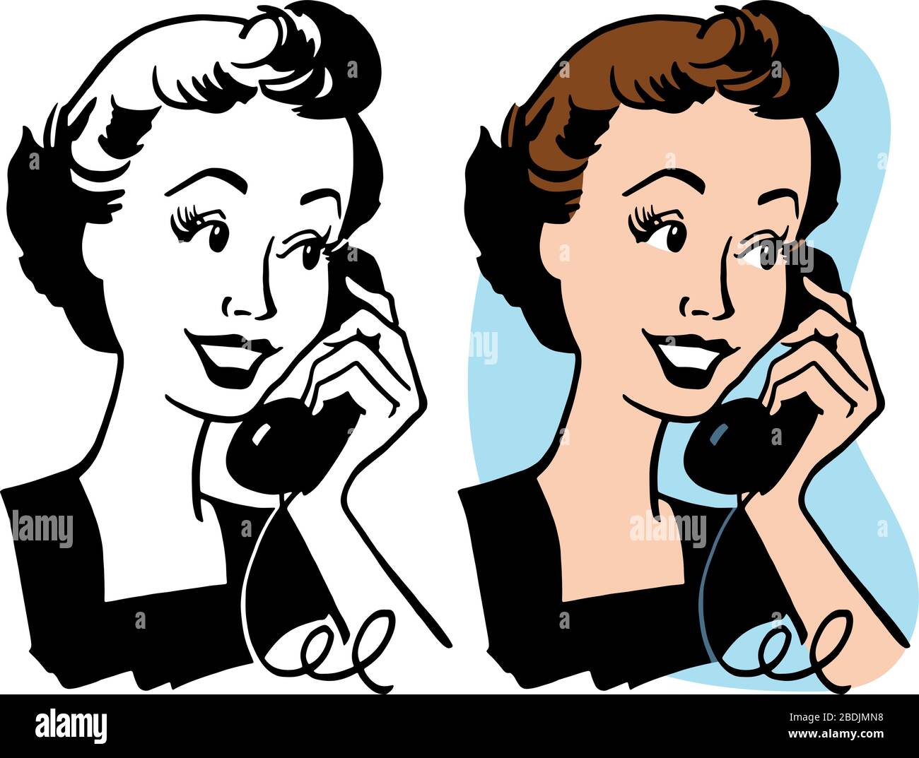 Un dessin animé d'une femme ayant une conversation sur un téléphone vintage. Illustration de Vecteur