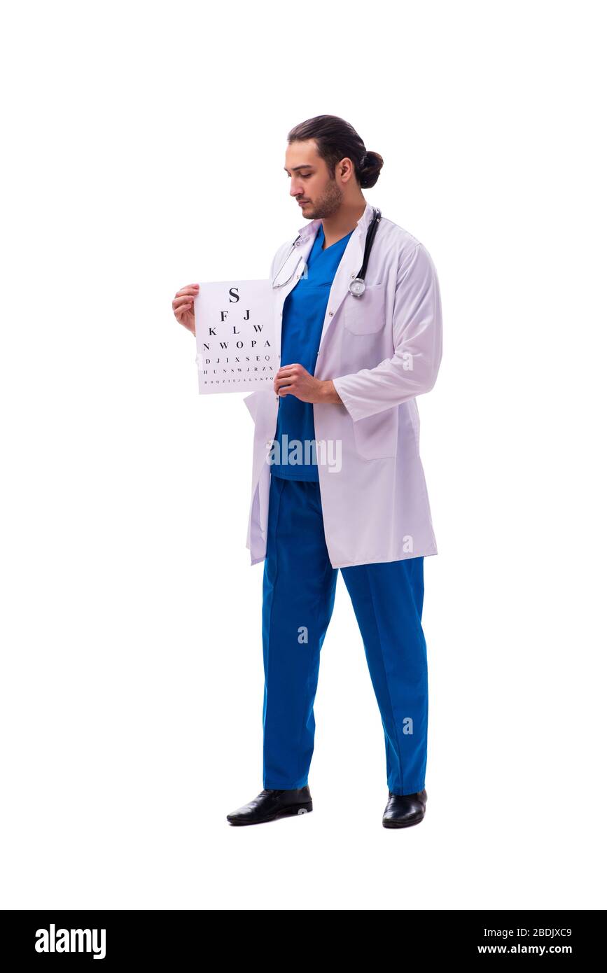 Jeune oculiste mâle isolé sur le blanc Banque D'Images