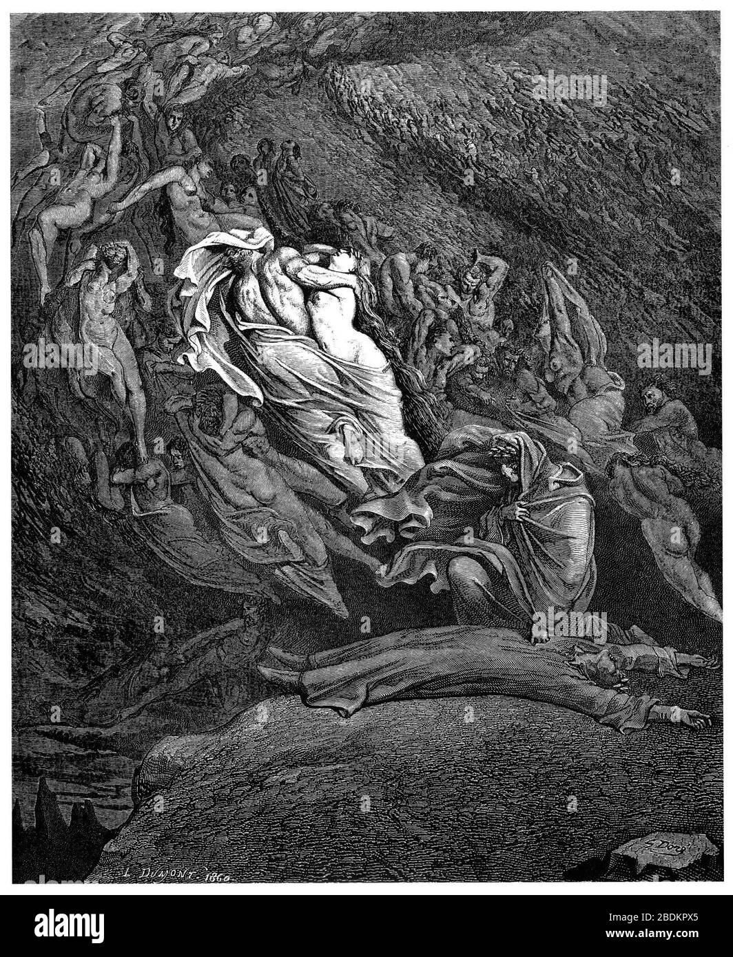 Gustave Doré - Dante Alighieri - Inferno - planche 18 (Canto V - Dante a une touche de vapeurs). Banque D'Images