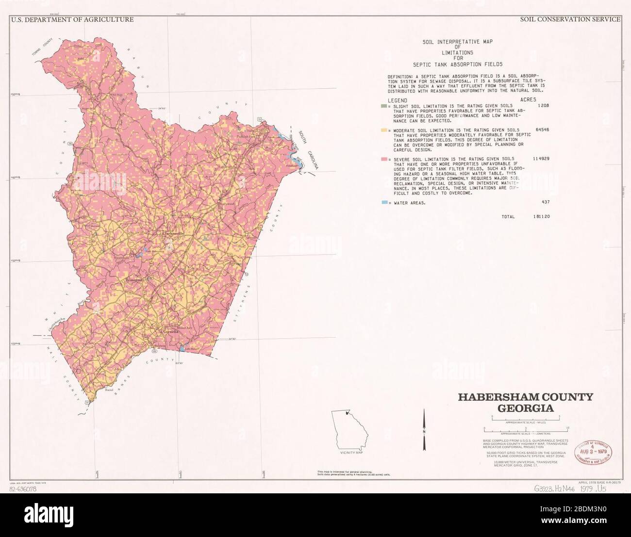 Comté de Habersham, Géorgie - carte d'interprétation du sol des limites pour les champs d'absorption de fosses septiques Banque D'Images
