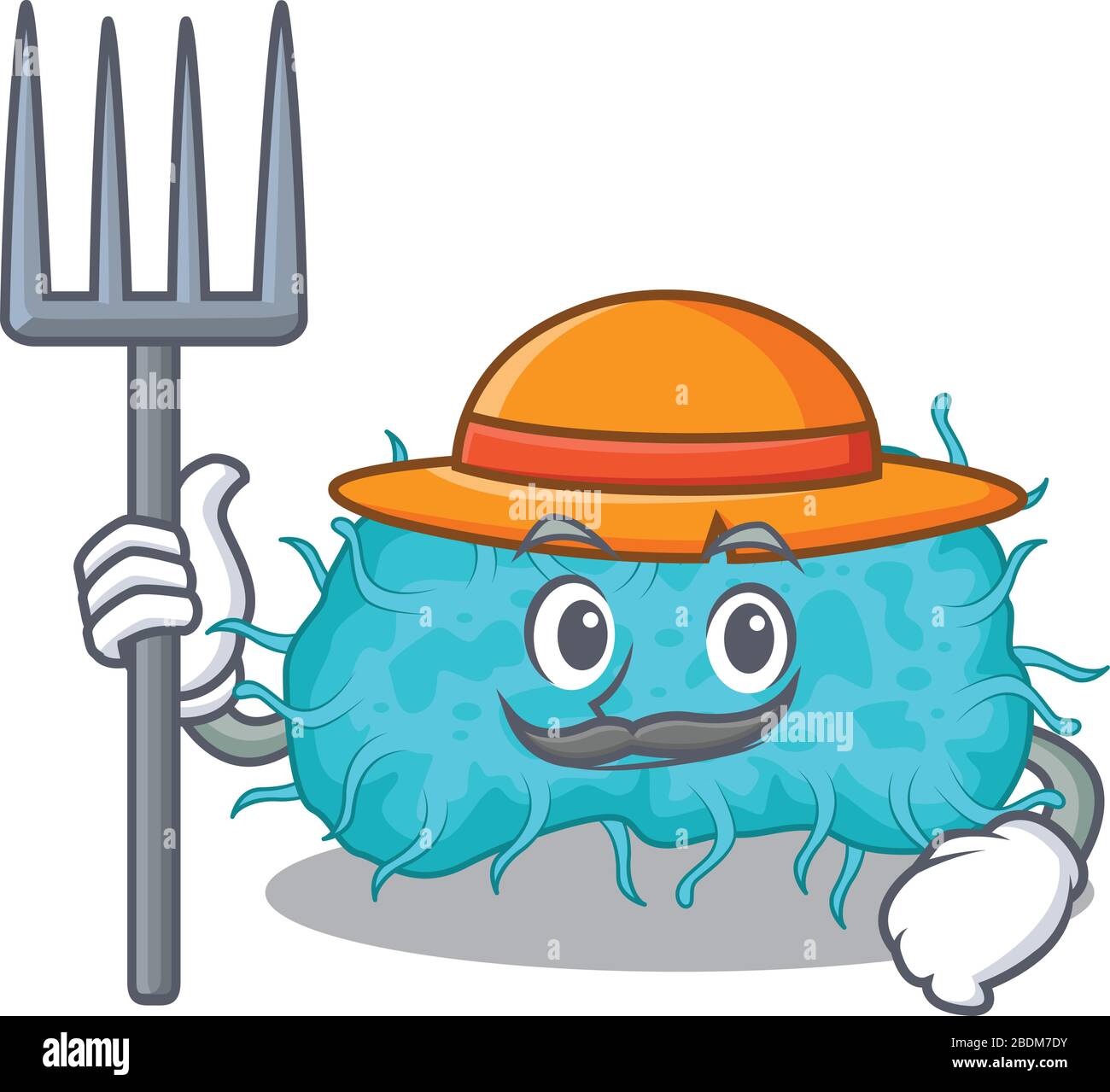 Dessin de personnage de dessin animé de bactéries prokaryote comme un agriculteur avec chapeau et fourche Illustration de Vecteur