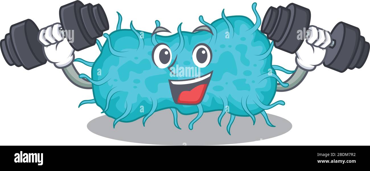Motif mascotte souriant exercice physique bactéries prokaryote soulever des cloches Illustration de Vecteur