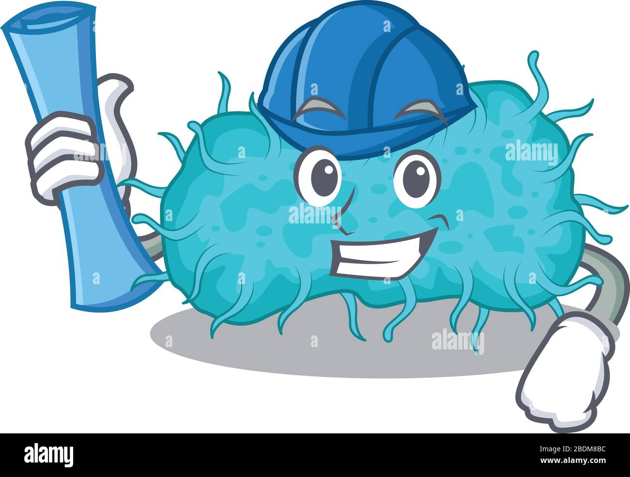 Personnage de dessin animé de bactéries prokaryote brainy Architecte avec des imprimés bleus et casque bleu Illustration de Vecteur