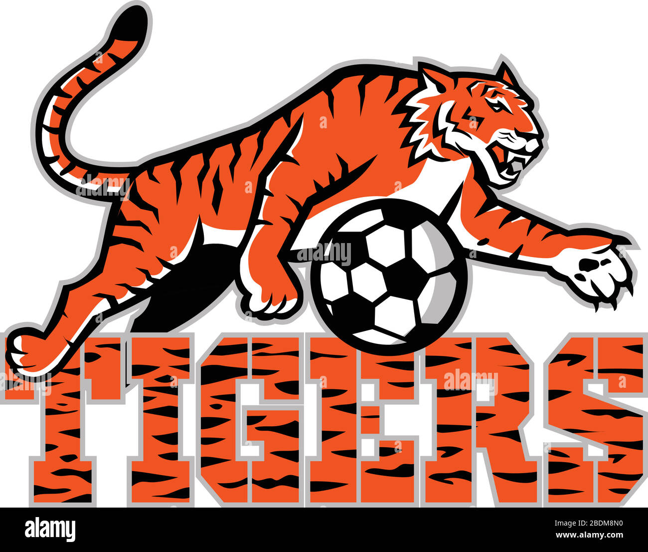 Icône mascotte illustration d'un tigre dribissant un ballon de football ou de football avec des mots tigres vus de côté sur un arrière-plan isolé dans le style rétro. Illustration de Vecteur