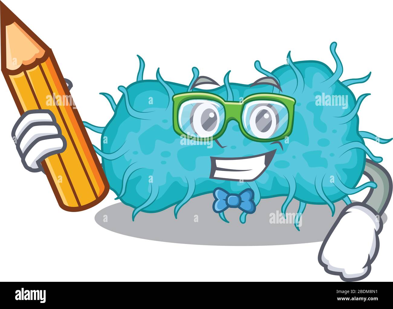 Un personnage de dessin animé prokaryote de bactéries pour étudiants en brainie avec crayon et lunettes Illustration de Vecteur