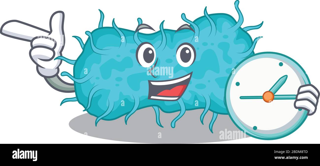 bactéries prokaryote mascotte design concept sourire avec horloge Illustration de Vecteur