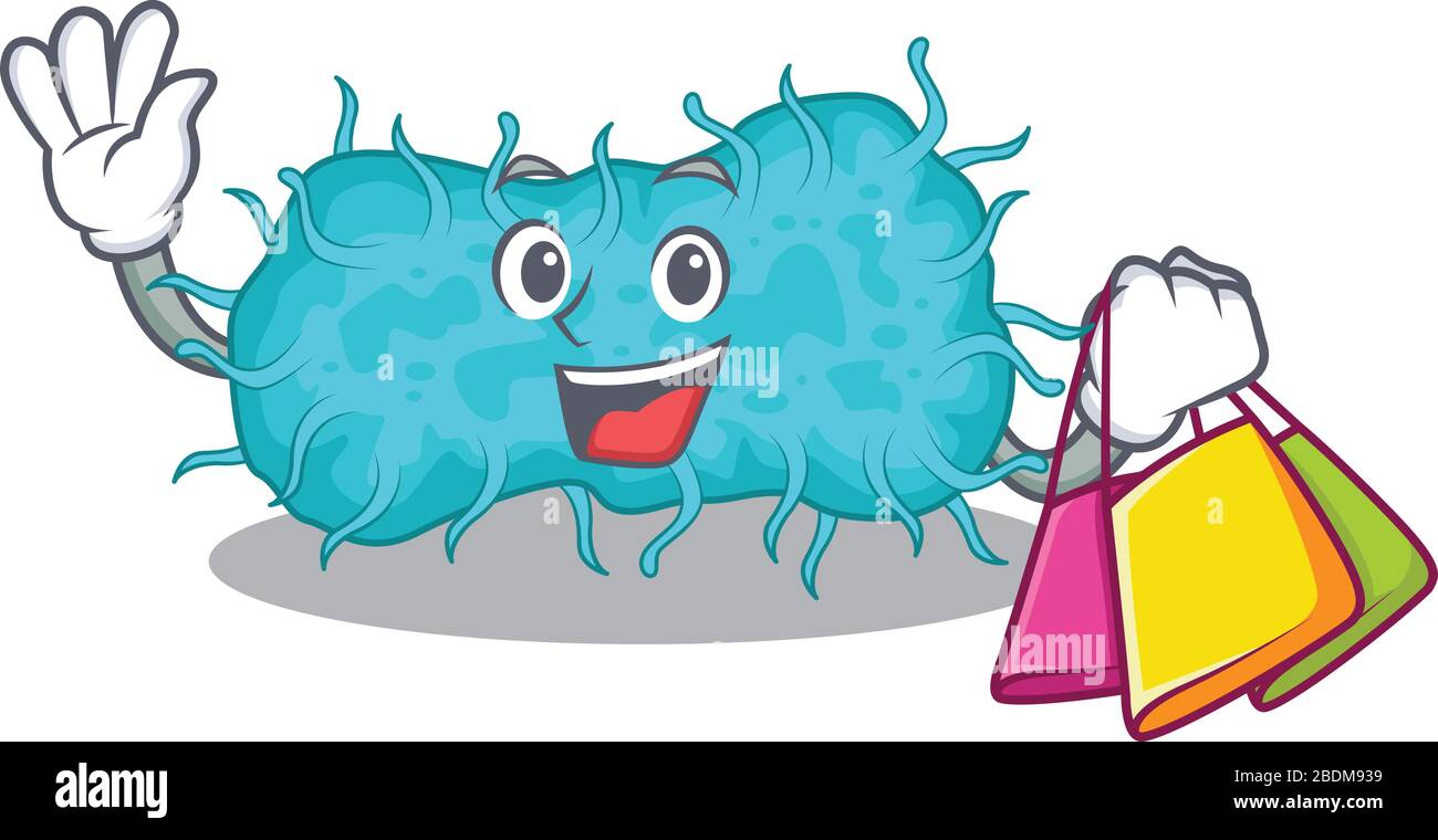 Riche et célèbre bactéries prokaryote personnage de dessin animé tenant des sacs de shopping Illustration de Vecteur