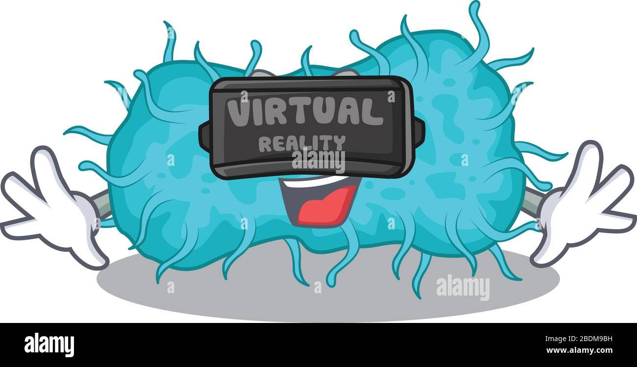 Style de dessin animé de bactéries prokaryote avec casque moderne de réalité virtuelle Illustration de Vecteur