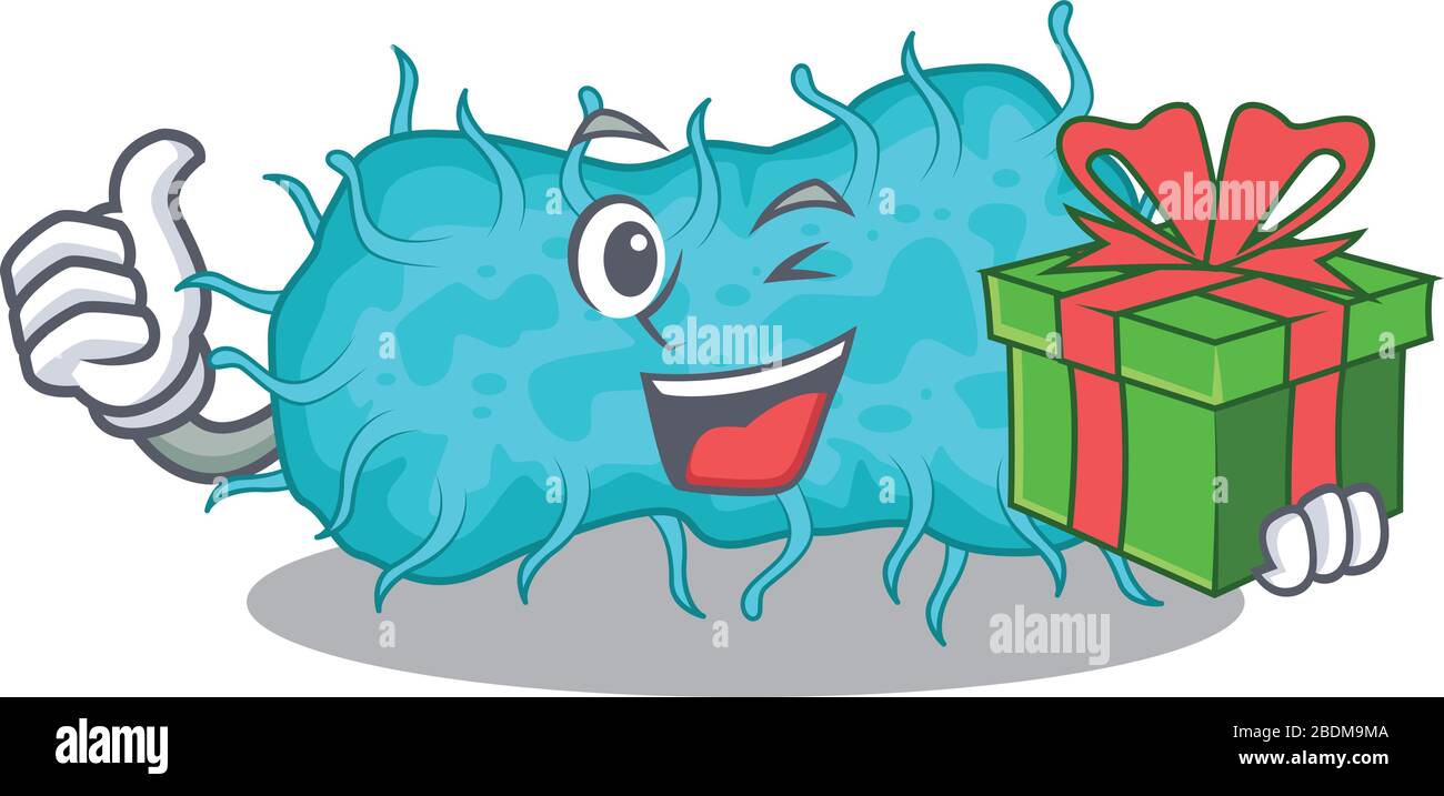 Bactéries souriantes prokaryote personnage de dessin animé ayant une boîte cadeau verte Illustration de Vecteur
