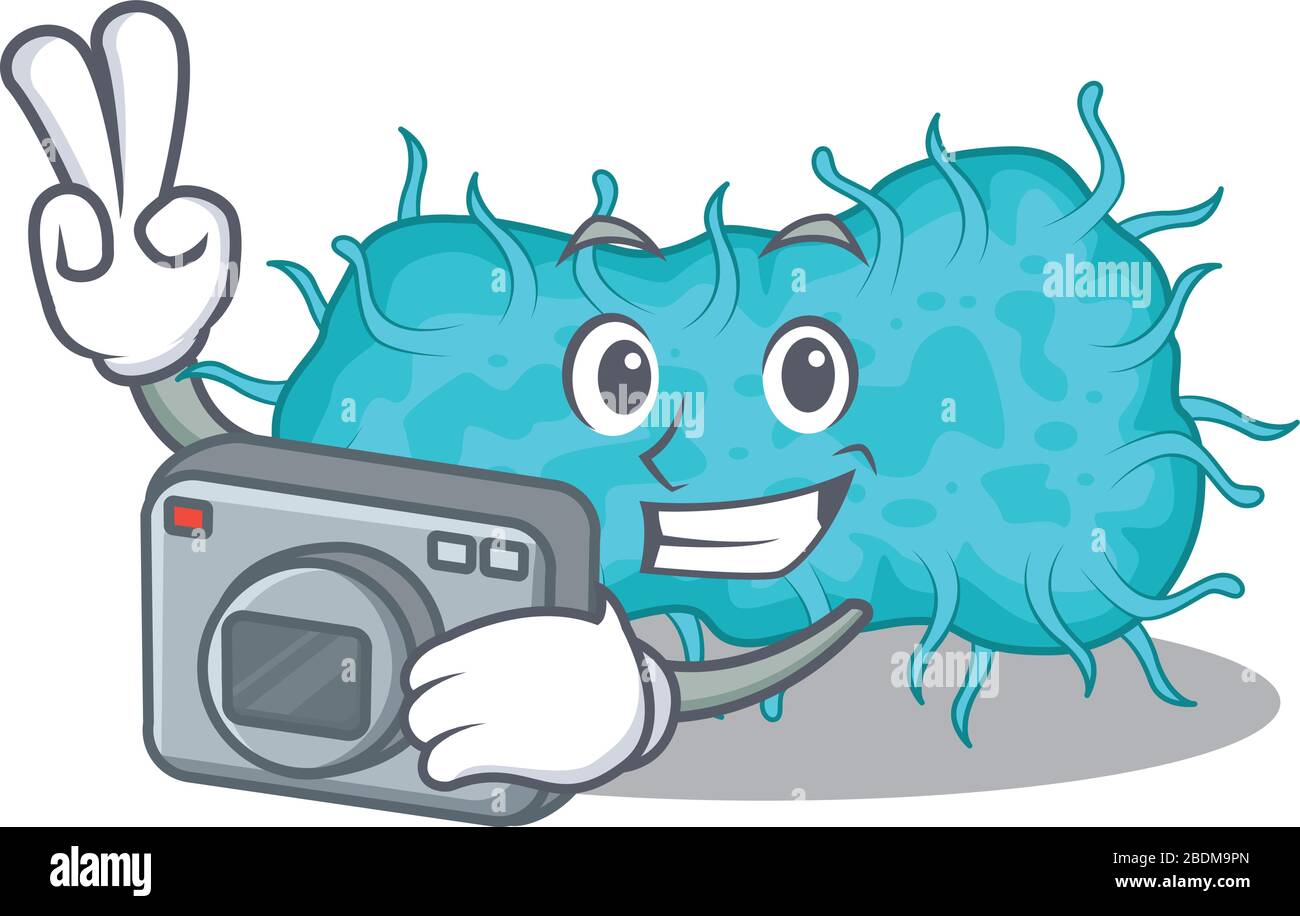 motif mascotte prokaryote bactérienne en tant que photographe professionnel travaillant avec l'appareil photo Illustration de Vecteur