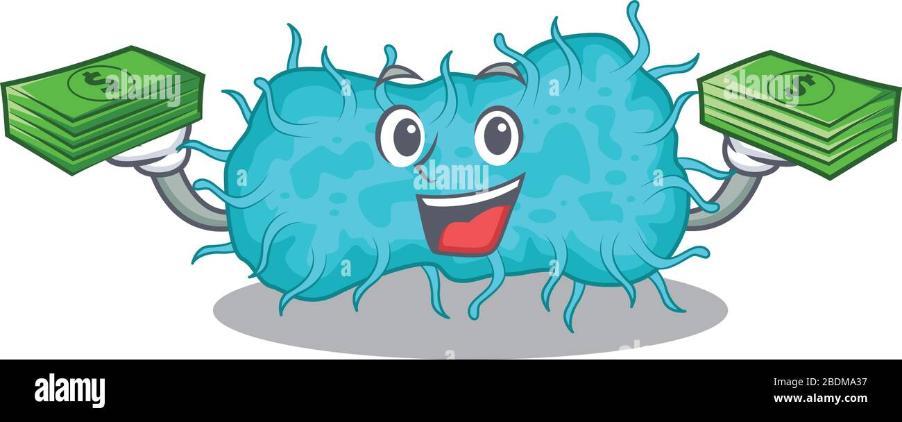 Un personnage riche de prokaryote de caricature de bactéries ayant de l'argent sur les mains Illustration de Vecteur