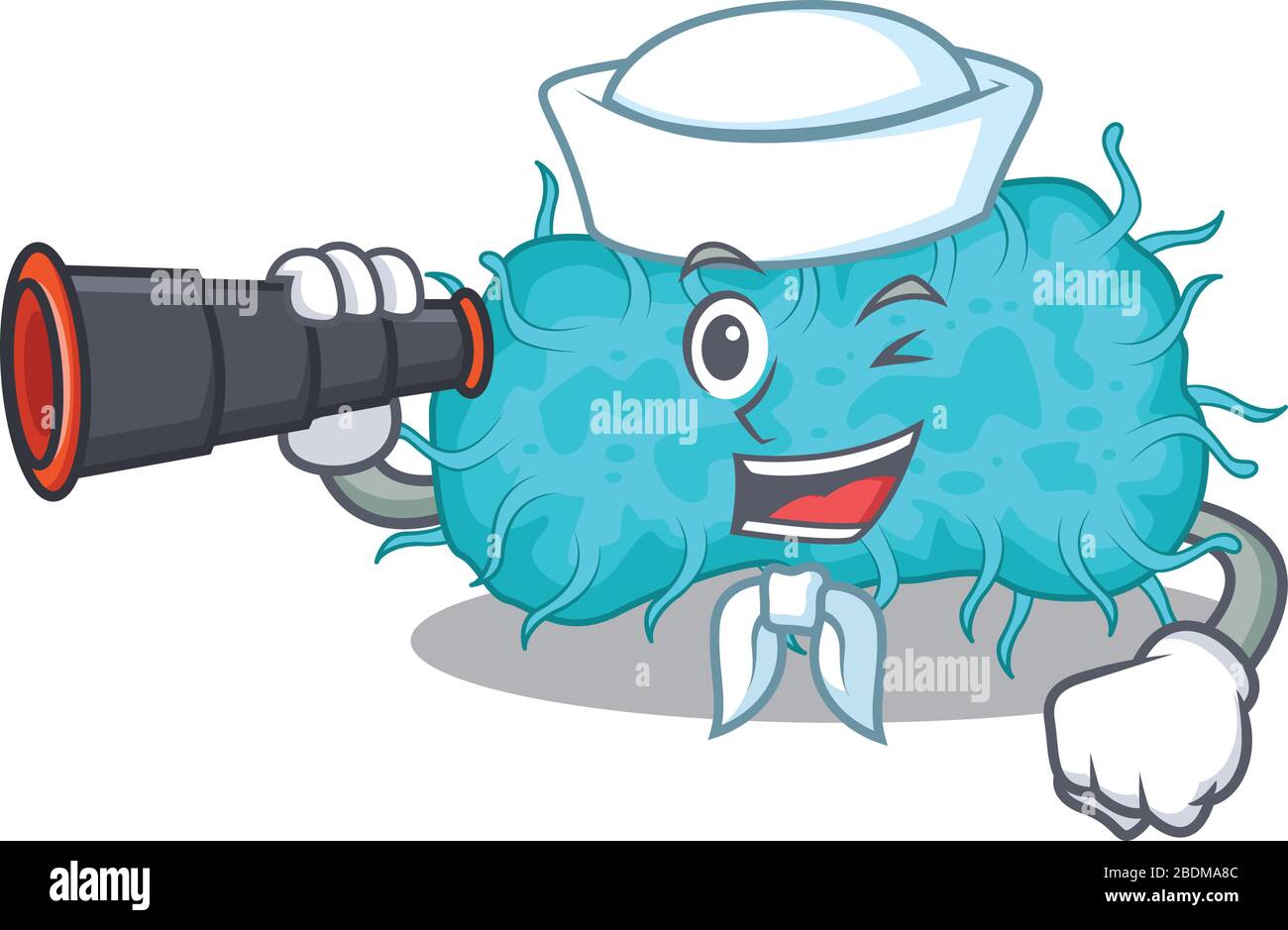 Une icône de dessin animé de bactéries prokaryote Sailor avec binoculaire Illustration de Vecteur