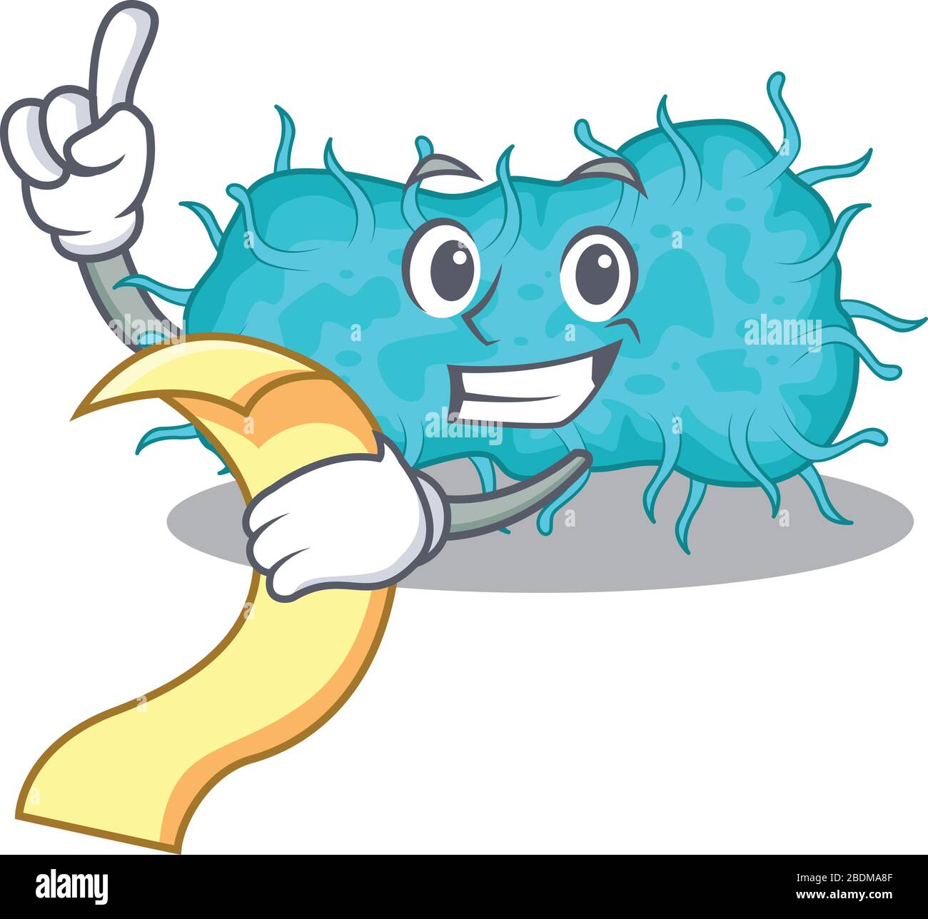 motif caractéristique de la mascotte prokaryote bactérienne avec un menu sur sa main Illustration de Vecteur