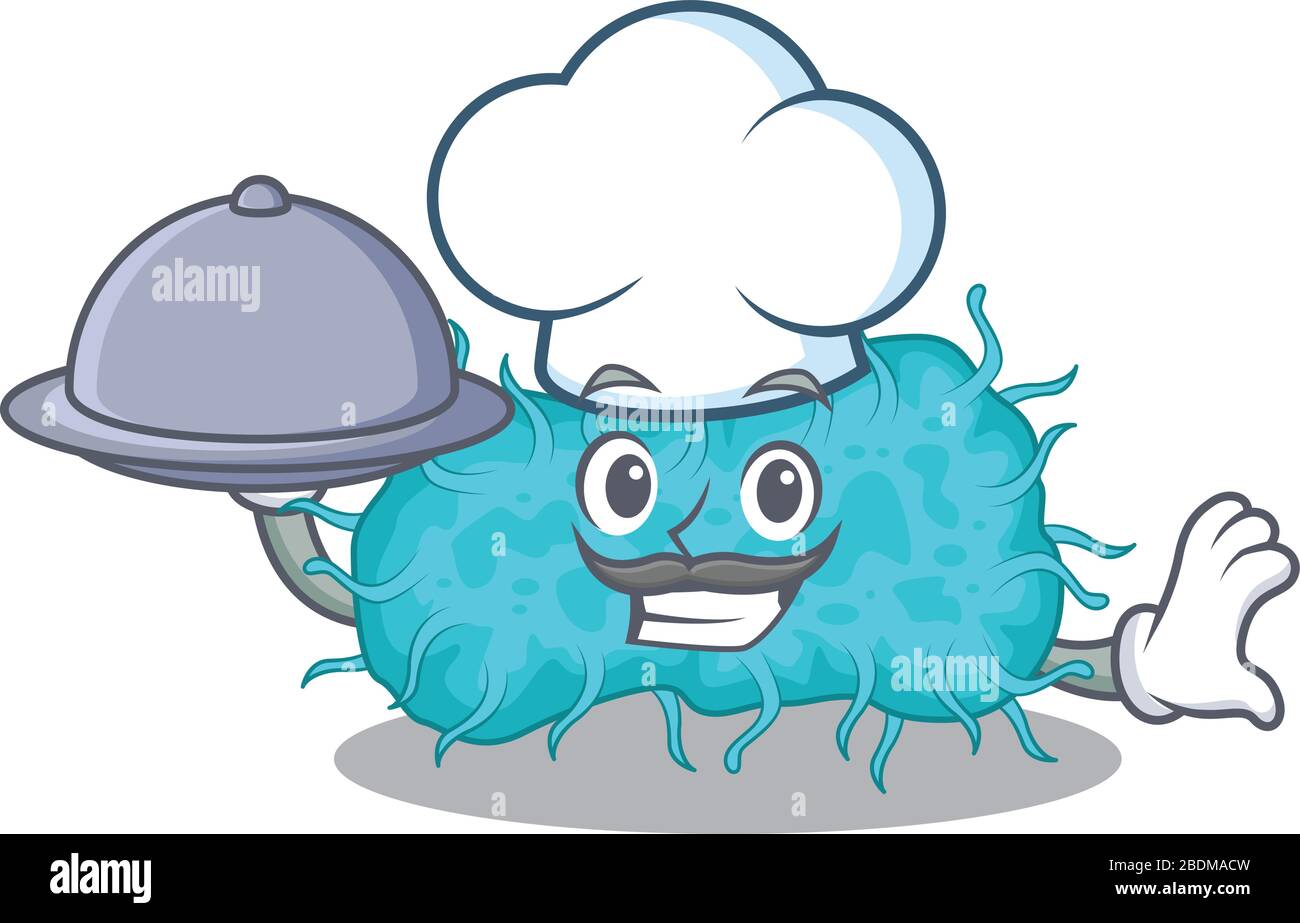 le personnage de dessin animé du chef bacon prokaryote sert de la nourriture sur plateau Illustration de Vecteur