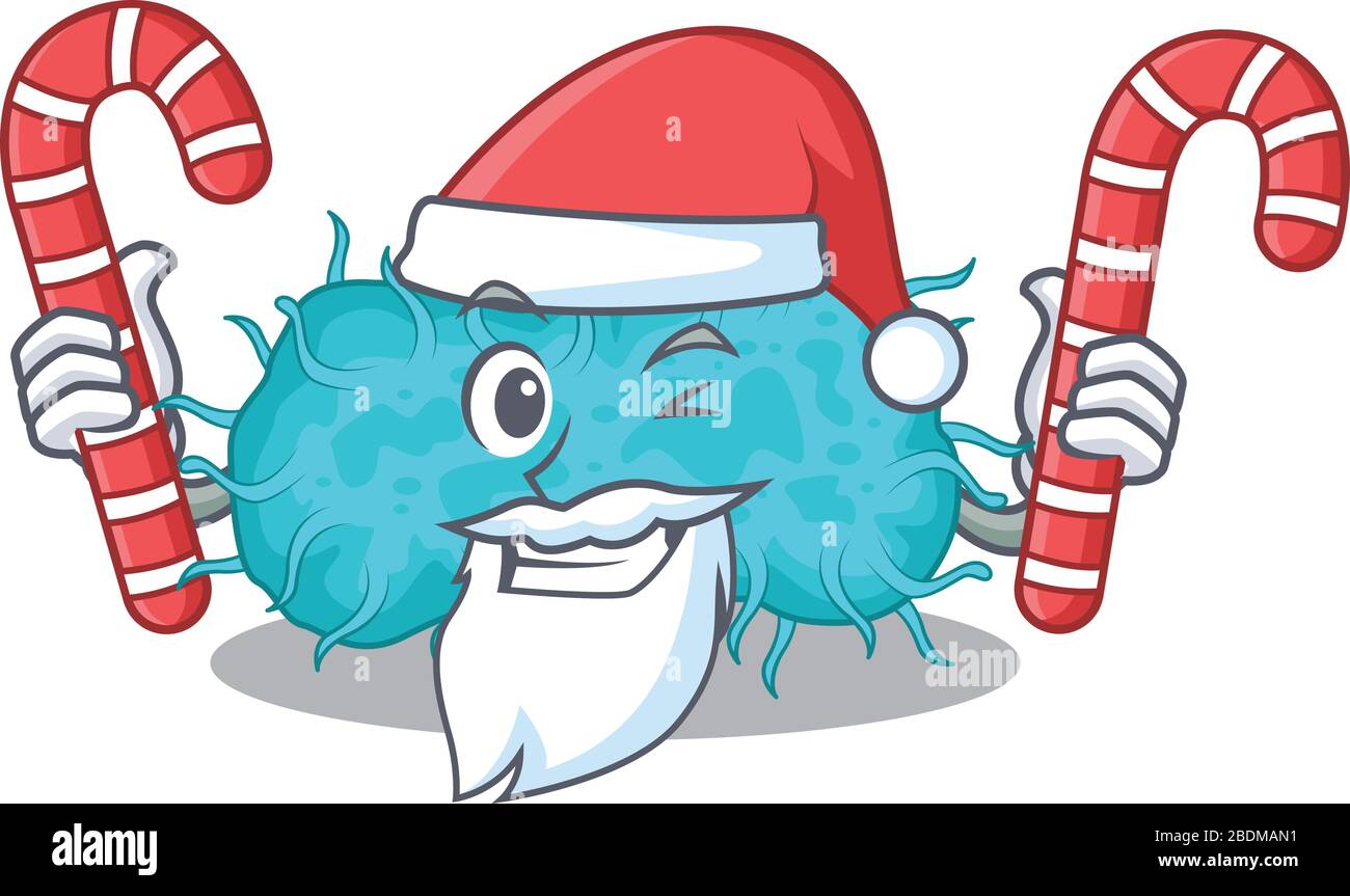 Le prokaryote de bactéries amicales du personnage de Santa Cartoon accueille des bonbons de Noël Illustration de Vecteur