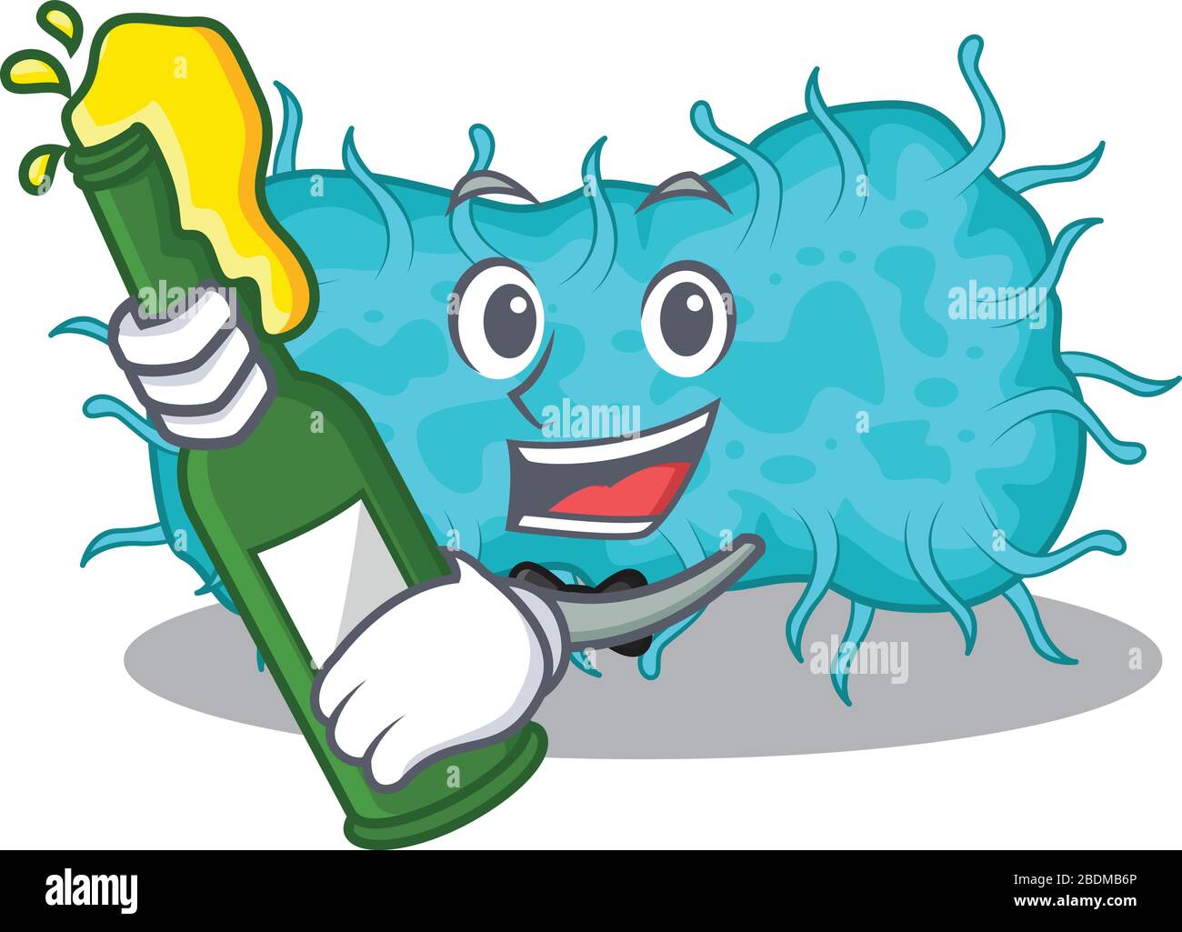 Mascotte personnage de la bactérie prokaryote dire santé avec bouteille de bière Illustration de Vecteur
