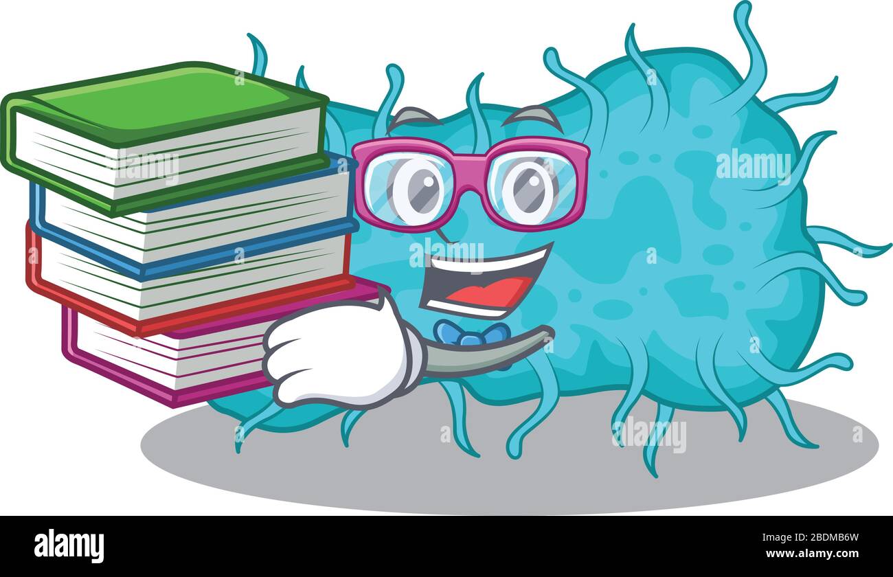 Un étudiant diligent dans le concept de conception de mascotte prokaryote de bactéries avec des livres Illustration de Vecteur