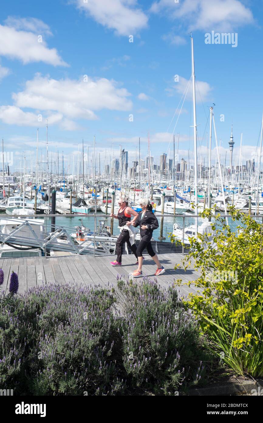 Auckland, Nouvelle-Zélande, NZ - 16 septembre 2020: Les femmes exerçant le long de la promenade de la marina de Westhaven Banque D'Images