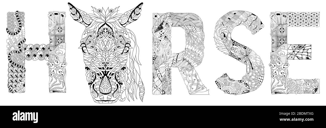 Mot cheval avec animal de tête. Objet vectoriel zentangle pour la coloration Illustration de Vecteur