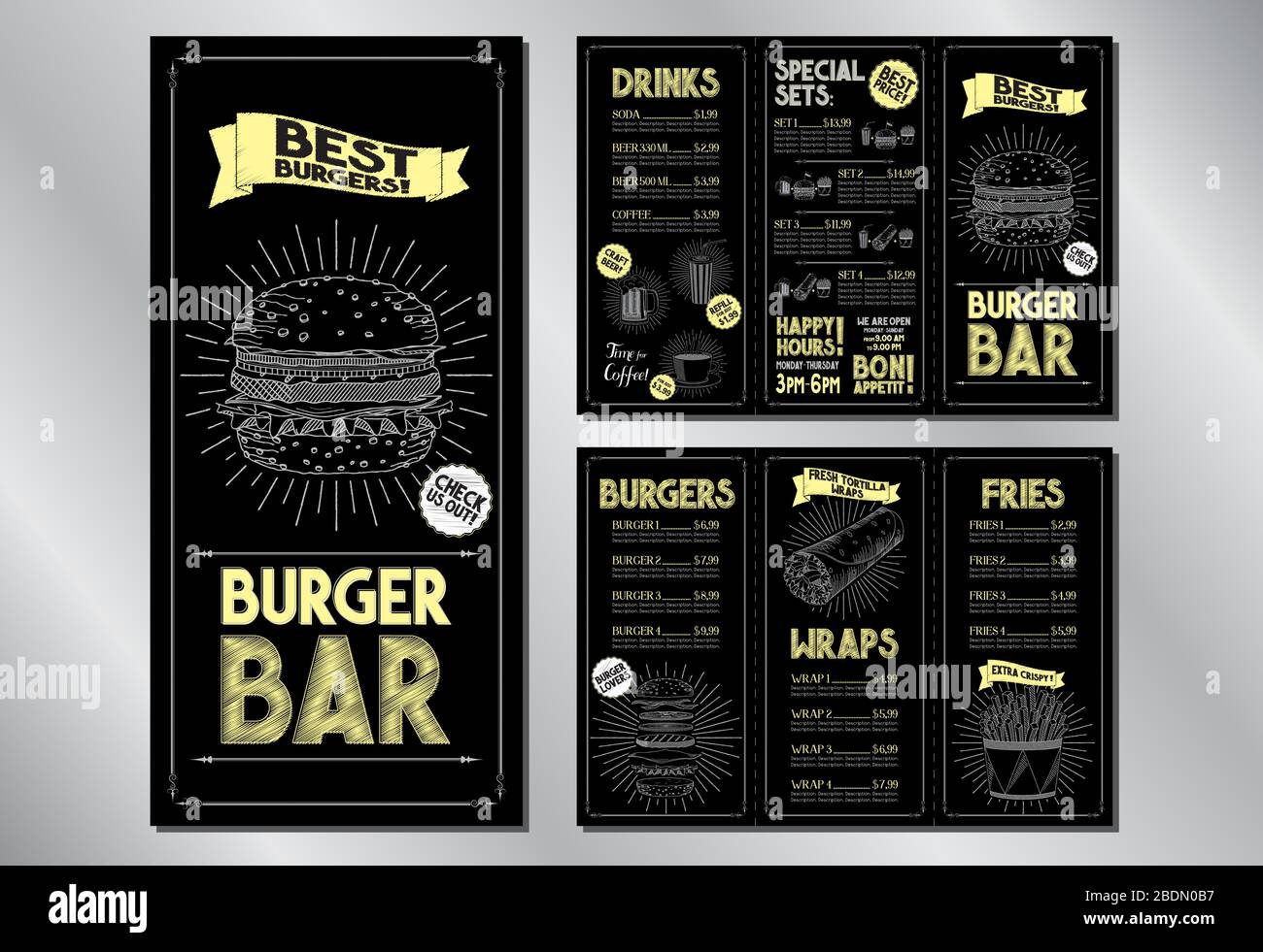 Modèle de brochure du menu du bar Burger (hamburgers, roulés, frites, boissons, jeux) - 3 x DL (99 x 210 mm) Illustration de Vecteur