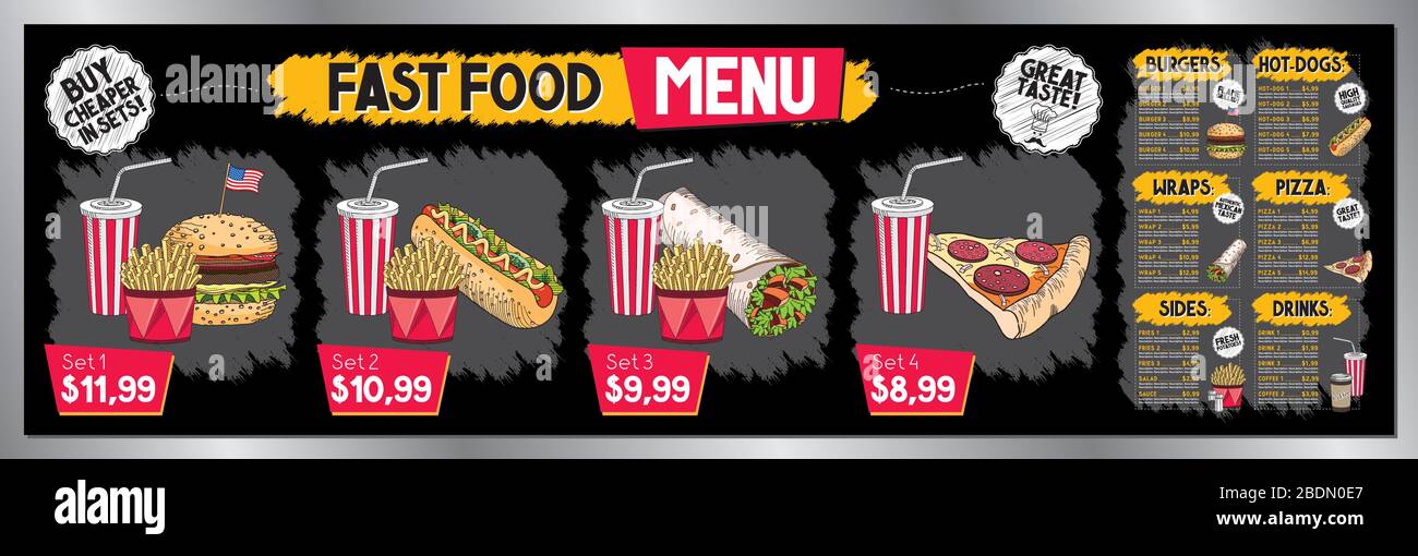 Modèle de menu du restaurant Fast-food - liste de prix/bannière (ensemble, hamburgers, hot-dogs, tortilla, pizza, frites, boissons) - 200 x 60 cm Illustration de Vecteur