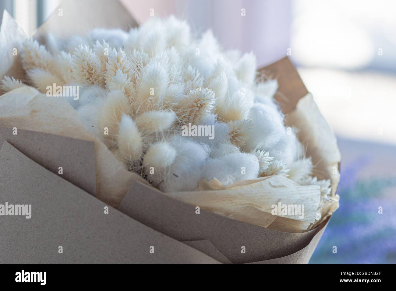 Bouquet style mariée avec éléments en coton, éléments de spikelets, avec branches séchées en papier artisanal Banque D'Images