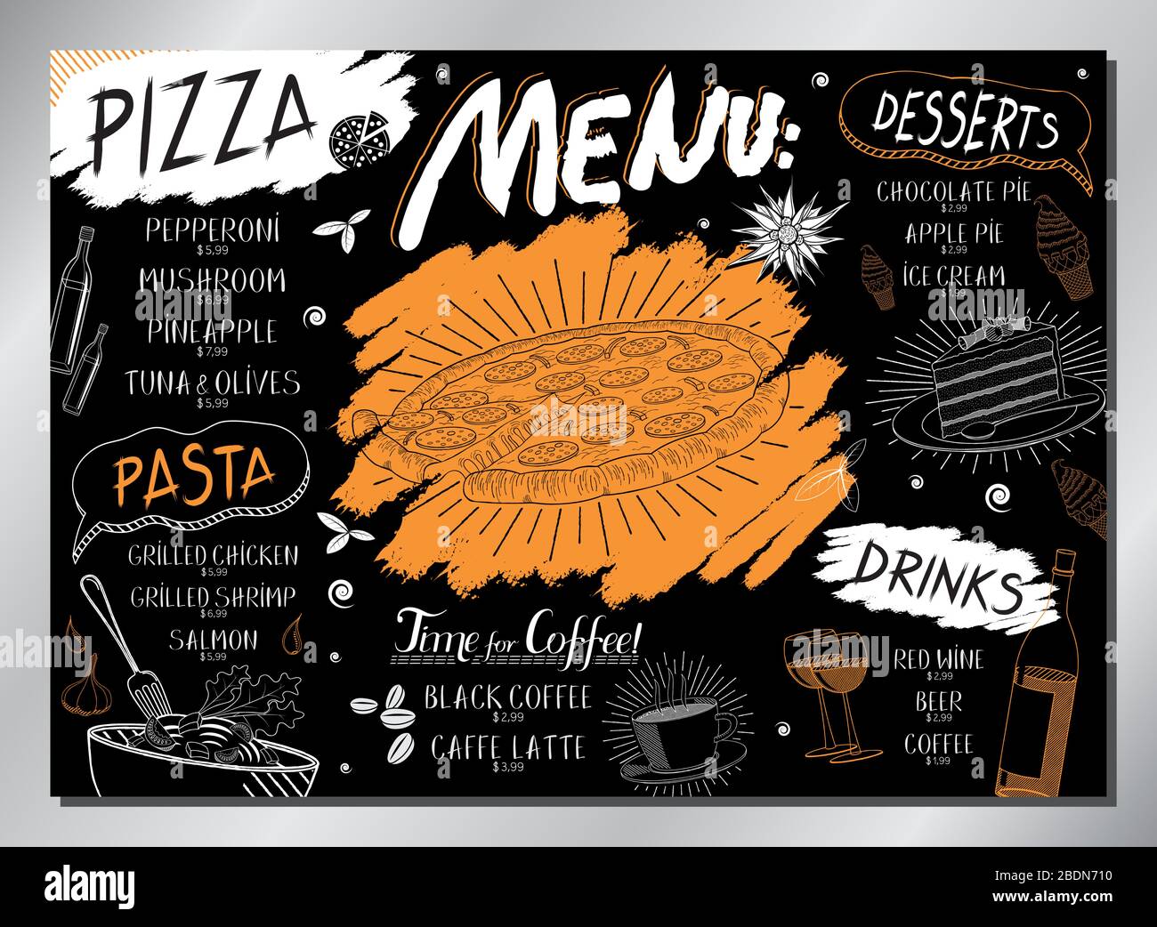 Menu de table à pizza vintage (pizza, pâtes, desserts, boissons) - taille A 3 (420 x 297 mm) Illustration de Vecteur