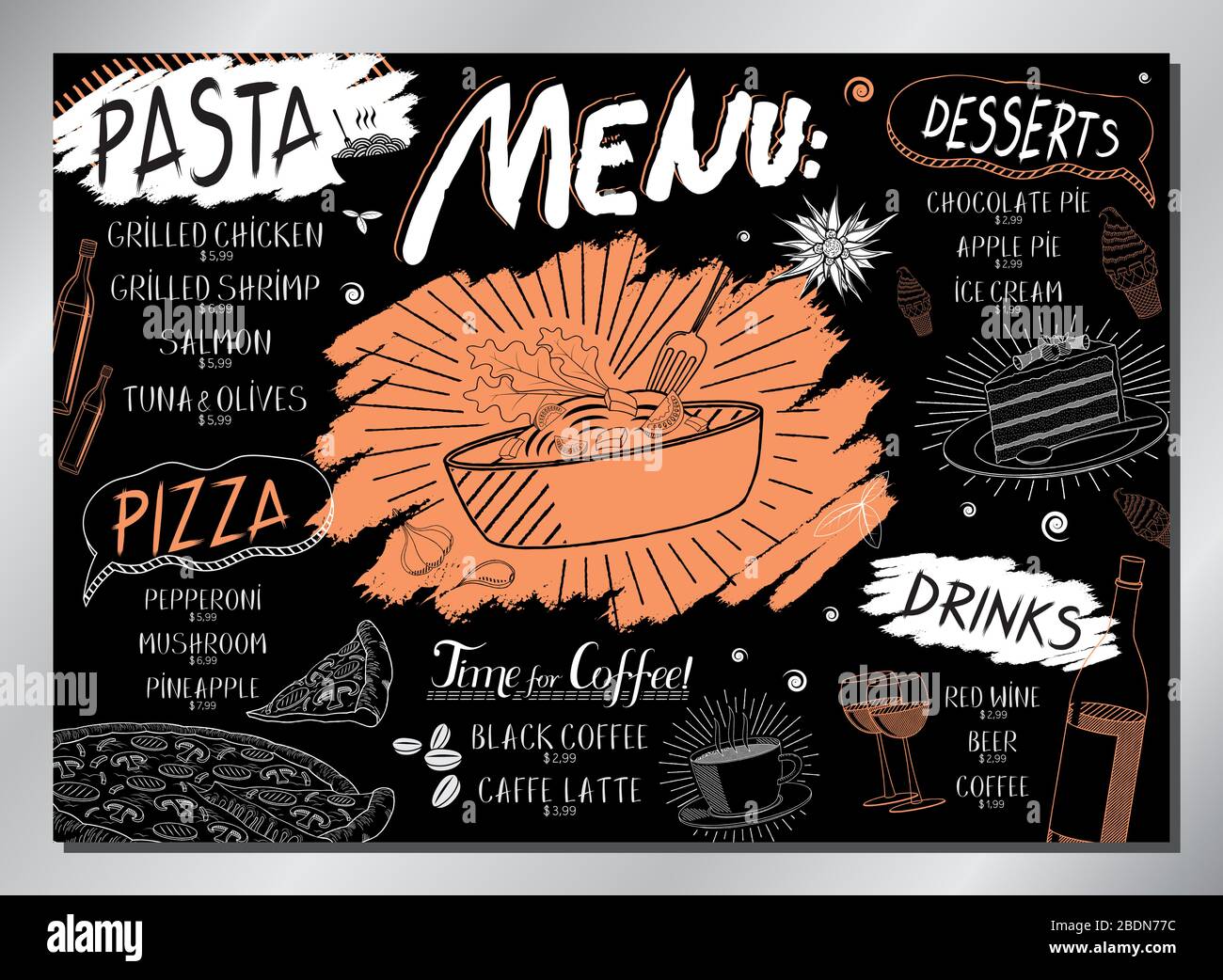 Menu de table de pâtes anciennes (pâtes, pizzas, desserts, boissons) - format A 3 (420 x 297 mm) Illustration de Vecteur