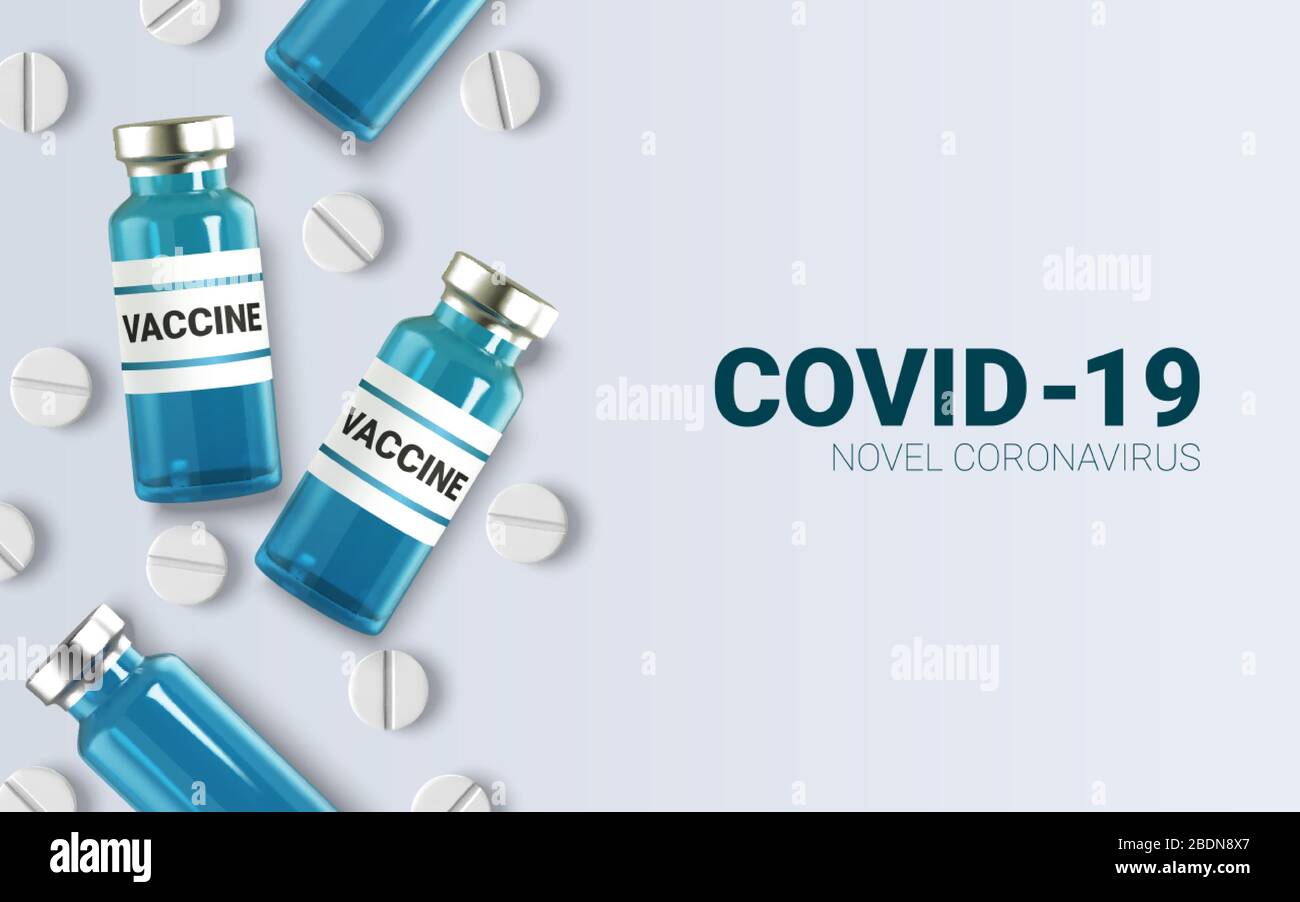 Ampoules de verre réalistes en trois dimensions avec médicaments. Injection du vaccin. Infection par le virus corona, nouvelle maladie du coronavirus 2019, COVID-19,nCoV 2019. Vecteur Illustration de Vecteur