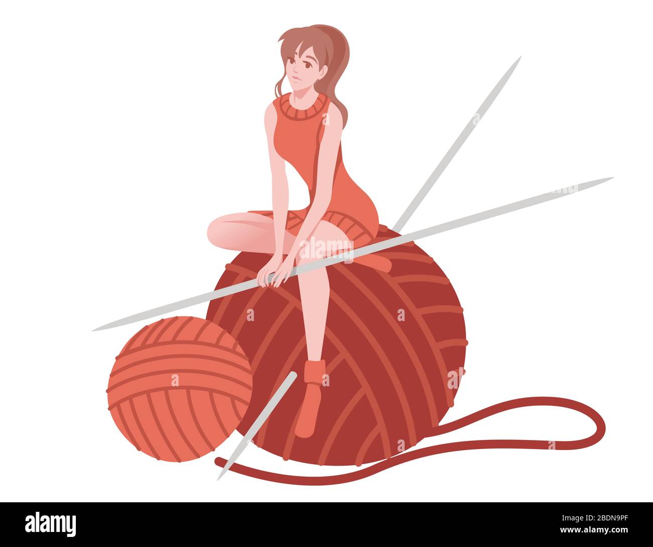 Jolie femme assise sur la grosse boule rouge de laine avec aiguille tricotage plate illustration abstraite isolée sur fond blanc Illustration de Vecteur