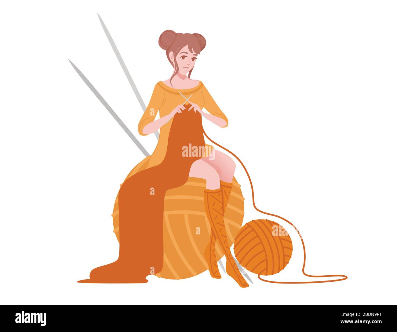 Jolie femme assise sur la grosse boule orange de laine avec aiguille tricotage plate illustration abstraite isolée sur fond blanc Illustration de Vecteur