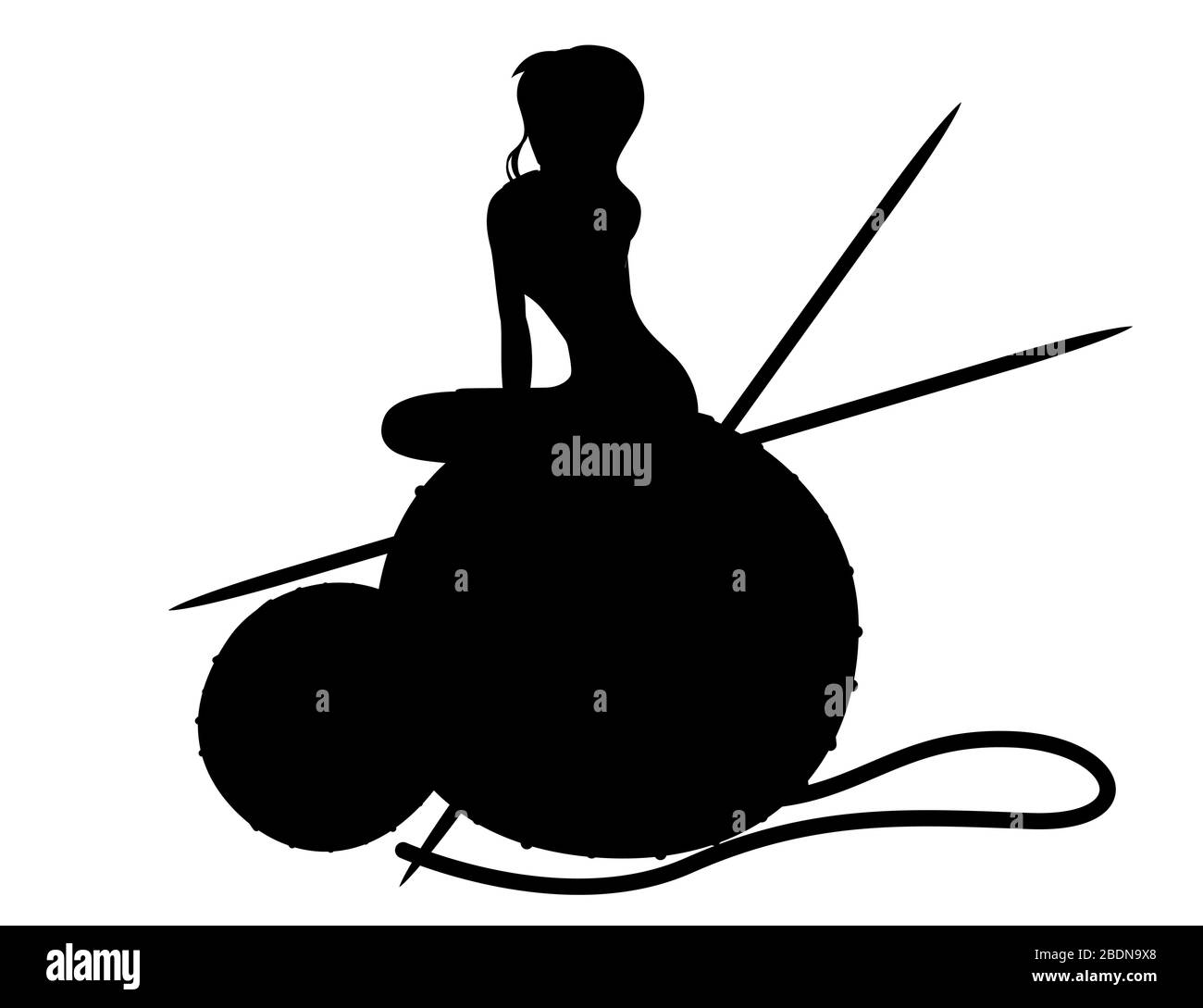 Silhouette noire femme assise sur la grosse boule de laine avec aiguille tricotage plate illustration abstraite isolée sur fond blanc Illustration de Vecteur