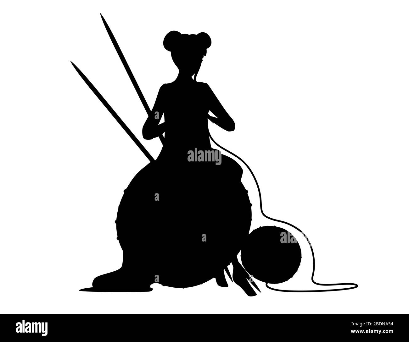 Silhouette noire femme assise sur la grosse boule de laine avec aiguille tricotage plate illustration abstraite isolée sur fond blanc Illustration de Vecteur