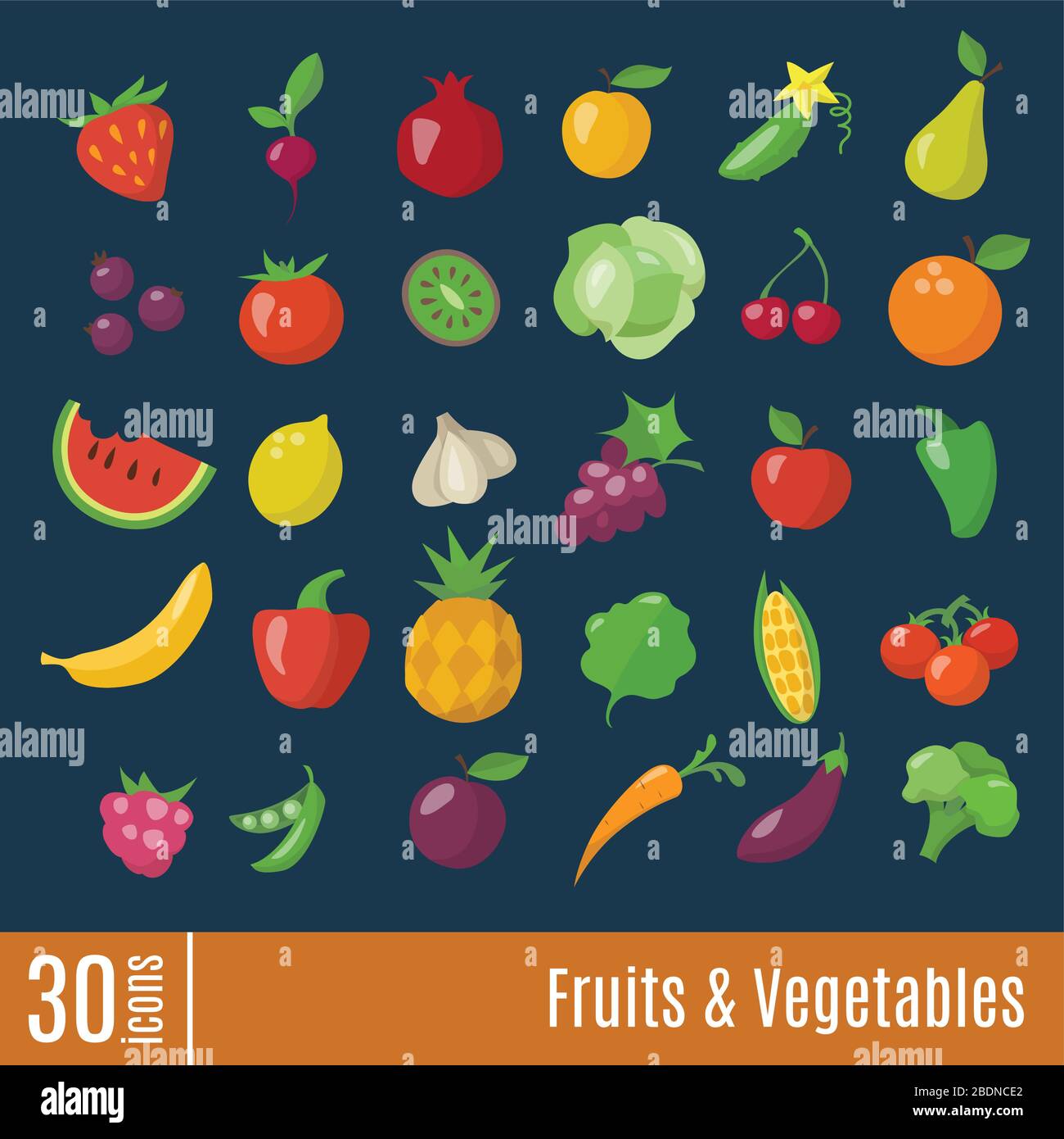 Icônes plates dans les fruits et légumes icônes d'infographie définies. Illustration de Vecteur
