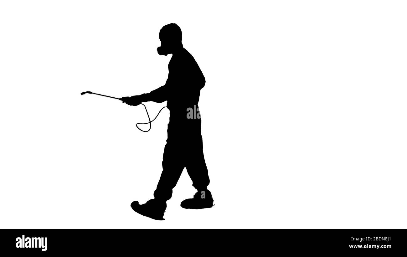 Silhouette virologue en uniforme de protection marche et de l'équipement Banque D'Images